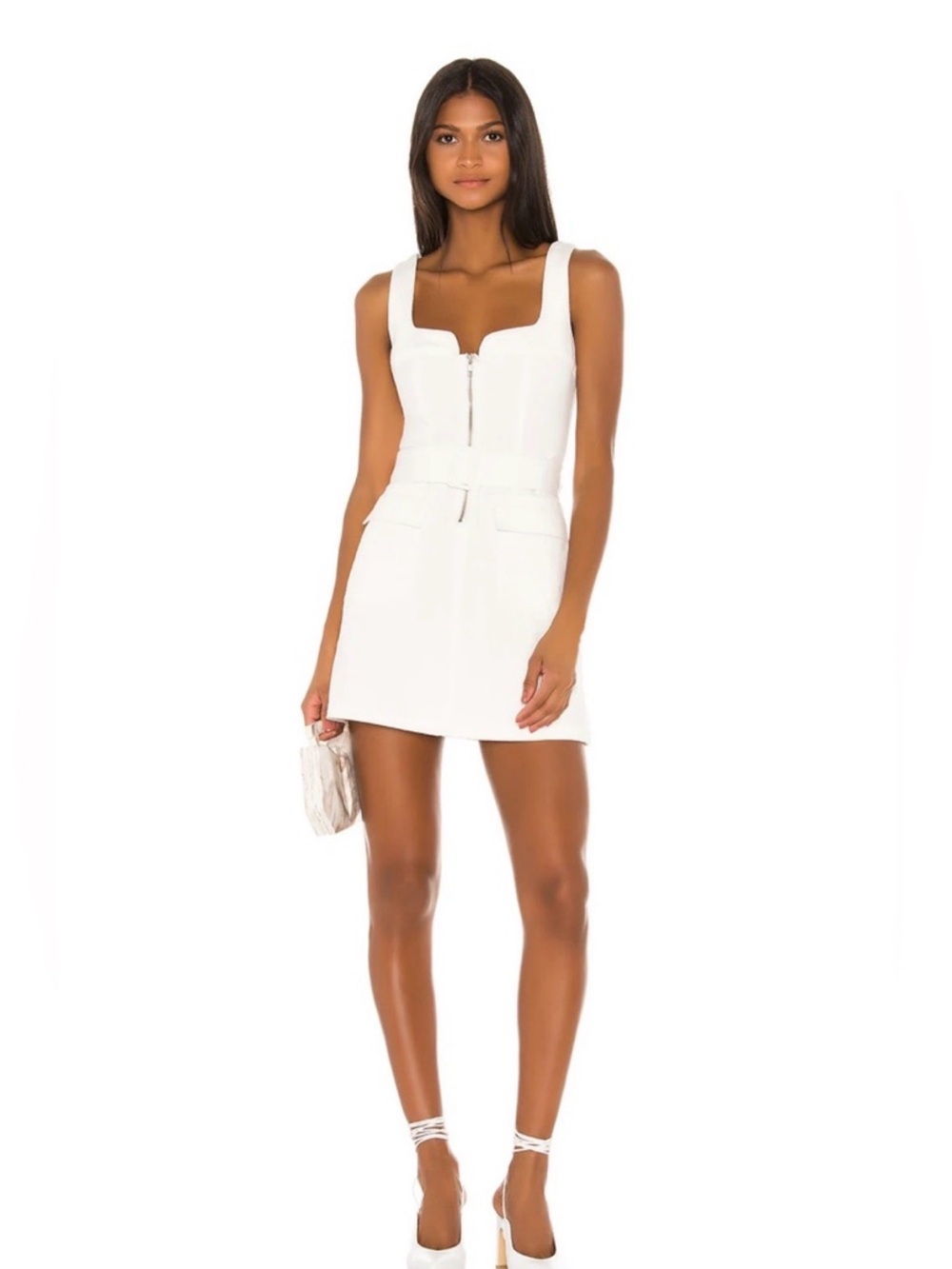 L’Academie Revolve White Square-Neck Mini Dress with Front Zip